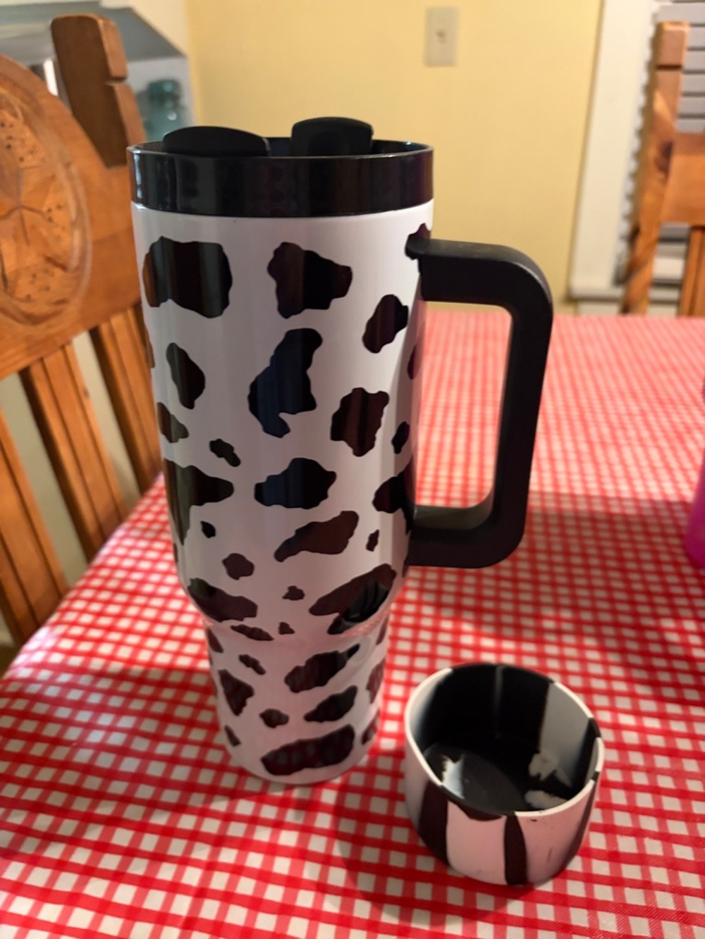 Black and White Cow Print Travel Mug with Handle 40oz - Picture 3 of 4